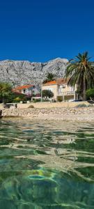 a view from the water of a beach with palm trees at Luxury apartment Lukas in Orebić