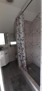 a bathroom with a shower curtain in a room at Legit House in Yaremche