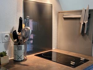 a kitchen with a stove and a refrigerator at Appartement avec grand jardin reposant in Le Mans
