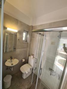 y baño con aseo, lavabo y ducha. en Cost Mari Almyrida New by ZAGO Boutiqe hotels, en Almyrida