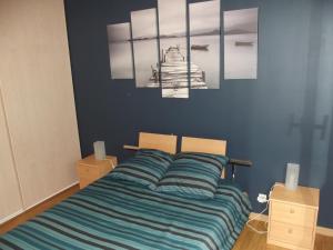 a bedroom with a bed with blue walls at Grand Appartement avec cheminée dans maison, parking gratuit in Mionnay