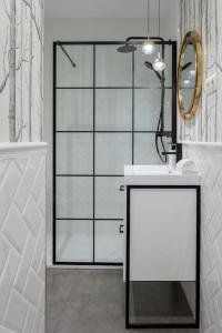W łazience znajduje się umywalka, lustro i prysznic. w obiekcie Exclusiva vivienda en la Calle Jorge Juan w Madrycie
