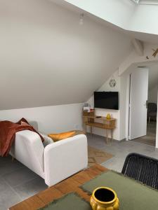 a living room with a white couch and a tv at Appart BOHEME in Château-Gontier