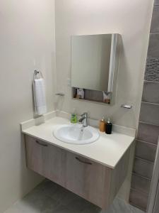 a bathroom with a sink and a mirror at Tropical Rose Getaway in Discovery Bay