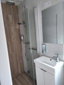 a bathroom with a shower and a sink and a mirror at Holiday Home in Killarney in Killarney