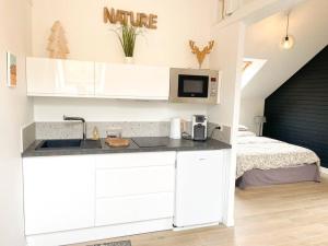 a kitchen with a sink and a microwave and a bed at Charmant studio paisible in Alençon