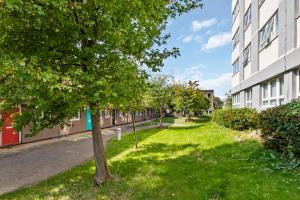 a tree in the grass next to a building at Well located 1 bed Angel/Kings Cross pad in London