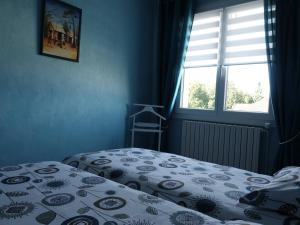 Dormitorio azul con cama y ventana en LES GRADINES, en Bar-sur-Aube