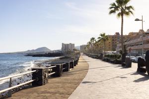 a boardwalk along the beach with palm trees and buildings at EDEN RENTALS Candelaria Melicoton Scape in Candelaria