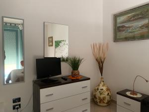 レッチェにあるLa Dimora di Paolaのテレビ付きドレッサーと花瓶が備わる客室です。