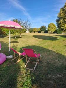 duas cadeiras e um guarda-chuva num campo em Maison Valentina em Marendole