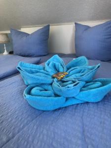 a blue flower sitting on top of a bed at Seenebel in Prerow