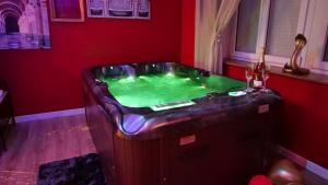 een hot tub in een rode kamer met een groen zwembad bij Spa Le Rubis d'Orient in Calais