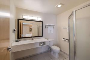 a bathroom with a toilet and a sink and a mirror at SureStay Plus Hotel by Best Western SeaTac Airport in SeaTac +20 photos