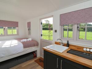 a bedroom with a bed and a sink and windows at Dragonfly Shepherd's Hut in Aberaeron