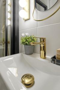 a bathroom sink with a gold faucet and a plant at Domek Tatary Odkryj Zakopane in Zakopane +19 photos