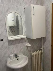 een badkamer met een wastafel, een spiegel en een radiator bij Jelena in Novi Sad