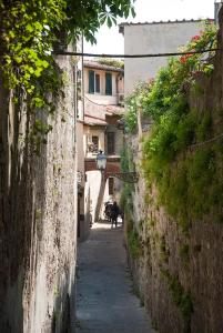 Eine Gasse zwischen zwei Gebäuden mit Leuten, die sie hinunterlaufen. in der Unterkunft Acacia Firenze - Giglio in Florenz