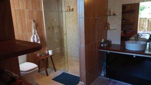 uma casa de banho com um chuveiro, um WC e um lavatório. em Santuário na Chapad a dos Veadeiros em Alto Paraíso de Goiás