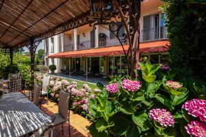 patio z różowymi kwiatami przed budynkiem w obiekcie Hotel Franceschi w mieście Forte dei Marmi