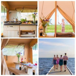 a collage of photos of a kitchen and people walking on a boat at Laguna Beach Family Camps Öland in Mörbylånga