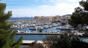 a marina filled with lots of boats in a harbor at T2 Terrasse, Bormes Les Mimosas La Faviere, 5 Pers, 5 mn à pieds des plages et commerces in Bormes-les-Mimosas