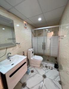 Disah的住宿－Mishari Wadi Rum camp，浴室配有卫生间、盥洗盆和淋浴。