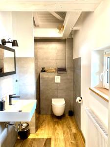 a bathroom with a white toilet and a sink at Pension und Appartements alter Fehrbelliner Bahnhof in Fehrbellin