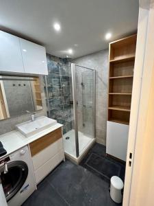 ein Badezimmer mit Dusche, Waschbecken und Toilette in der Unterkunft Splendid 92m2 Renovated, 4 Rooms in Charenton-le-Pont