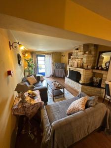 a living room with a couch and a fireplace at Arktouros Hotel in Monodendri