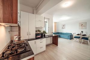 a kitchen with white cabinets and a living room at Urban Luxury Studios by Cozy Apartments in Iaşi +150 photos