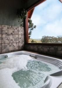 uma banheira de hidromassagem numa casa de banho com janela em Cabana Santa Cruz em São Francisco de Paula