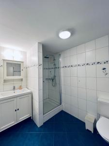 a bathroom with a shower and a sink and a toilet at Haus Wogesa - CharmingStay in Flumserberg