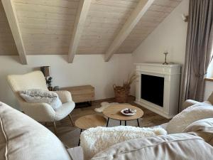 a living room with a couch and chairs and a tv at Šalet Hrabětice in Janov nad Nisou