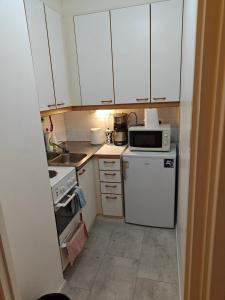 een kleine keuken met witte kasten en een witte koelkast bij Pet-friendly 4 Bed Apt in Turku with Park views in Turku