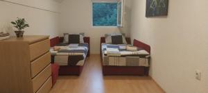 ein Zimmer mit drei Betten und einer Kommode in der Unterkunft Vikendica Jovanovic in Foča