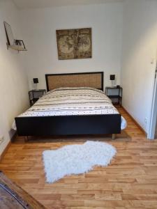 a bedroom with a bed and a white rug at Appart' Cosy en Bord de Loire in Saumur