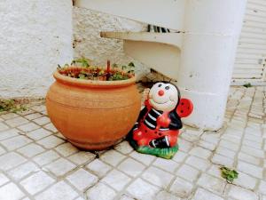 Casa dos Quatro Irmãos في غويفيا: يوجد خزاف نباتي يجلس بجوار وعاء الزهور