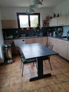 eine Küche mit einem Tisch und 2 Stühlen in der Unterkunft Pour une halte aux portes de Bourgoin 