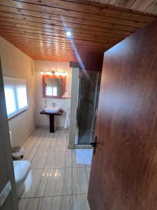 uma casa de banho com um chuveiro, um WC e um lavatório. em La Garbinada Hotel em Grañena de las Garrigas