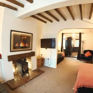 een slaapkamer met een open haard en een tv aan de muur bij King St Cosy - wood stove & ice maker in Loughborough