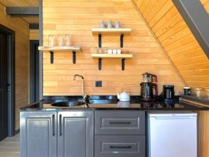 a kitchen with a sink and wooden walls at Thales Bungalov in Sakarya