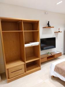 a room with a wooden book shelf and a tv at Marron studios 3A in Cairo