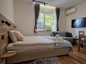 1 dormitorio con cama, sofá y TV en Malavi TN2 top center apartment Ruse, en Ruse