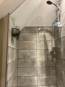 La salle de bains est pourvue d'une douche avec un pommeau de douche. dans l'établissement Luxury stay Kings Annexe 5 minutes from Longleat, à Warminster