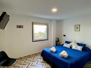 a bedroom with a blue bed and a chair at Disfruta la vista del Canal de Beagle! Departamento tranquilo rodeado de Árboles y montañas in Ushuaia