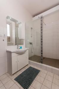 La salle de bains blanche est pourvue d'un lavabo et d'une douche. dans l'établissement Ubytování nad Vltavou, à Týn nad Vltavou