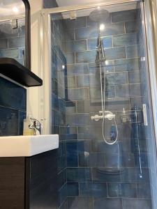 uma casa de banho com um chuveiro com azulejos azuis em Luxury stay Kings Annexe 5 minutes from Longleat em Warminster