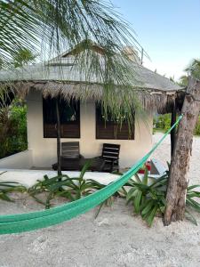 uma casa com uma rede em frente em Lunazul Eco-Cabaña Frente al Mar em Mahahual