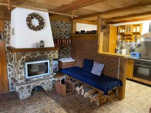 a living room with a fireplace and a blue couch at Chaloupka Království in Šluknov